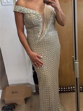 Beaded One-Shoulder Evening Gown in Champagne